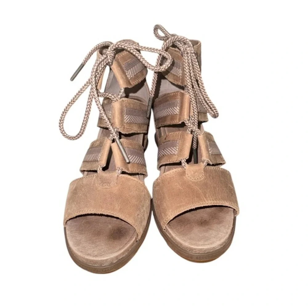 Sorel Joanie II Lace Womens 9 Pre-Owned‎ Wedge Sandal Brown Leather Strappy Lace